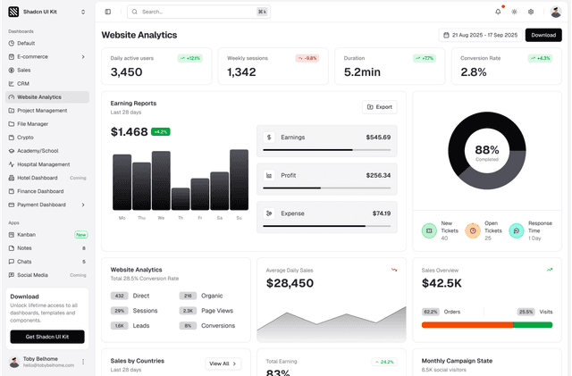 shadcn ui analytics dashboard admin dashboard template dark