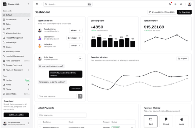 shadcn ui classic dashboard admin dashboard template dark