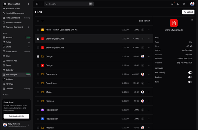 shadcn ui file manager dashboard admin dashboard template