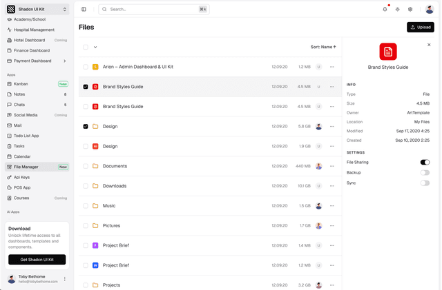 shadcn ui file manager dashboard admin dashboard template dark