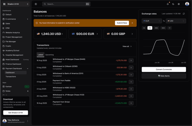 shadcn ui payment dashboard admin dashboard template