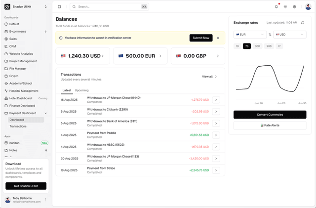 shadcn ui payment dashboard admin dashboard template dark